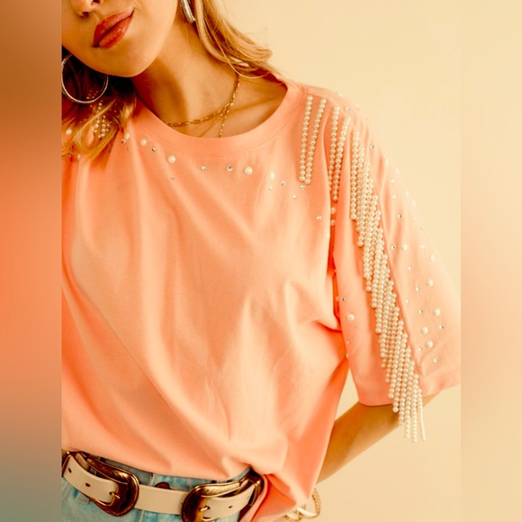 NWOT BiBi Peach Color Rhinestone and Pearl Fringe Top - Picture 4 of 14